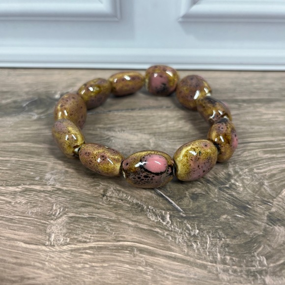 Unbranded Jewelry - Artisan Ceramic Bead Stretch Bracelet 7 in Pink Mustard Speckled Boho